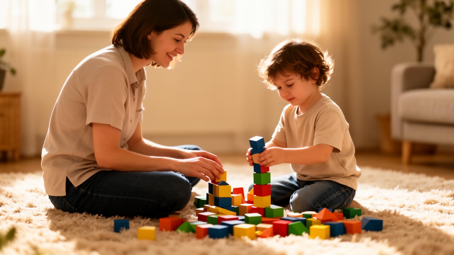 Therapist playing with a child using colorful wooden blocks